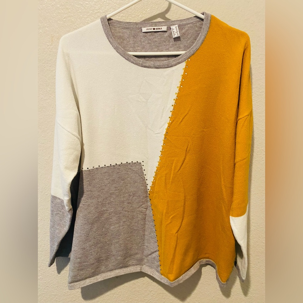 Punt Roma Colorblock Sweater - Mustard, Gray, and Cream